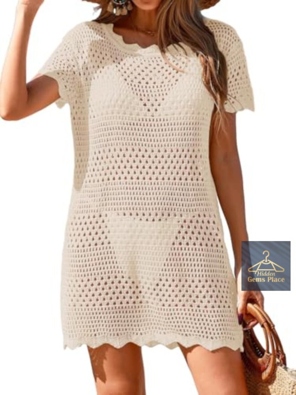 Women Crochet Swimsuit Cover Up Short Sleeve Mesh Knit Mini Dress